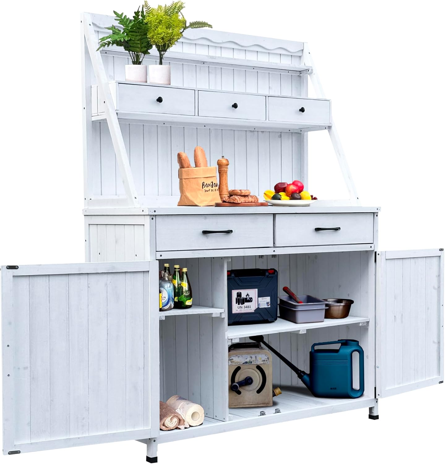 GDFStudio Farmhouse Outdoor Storage Bench Table with Cabinet, Fir Wood Potting Bench Plant Bench, Large Garden Storage Work Bench with Drawers Removable Shelf for Backyard Patio Greenhouse, White