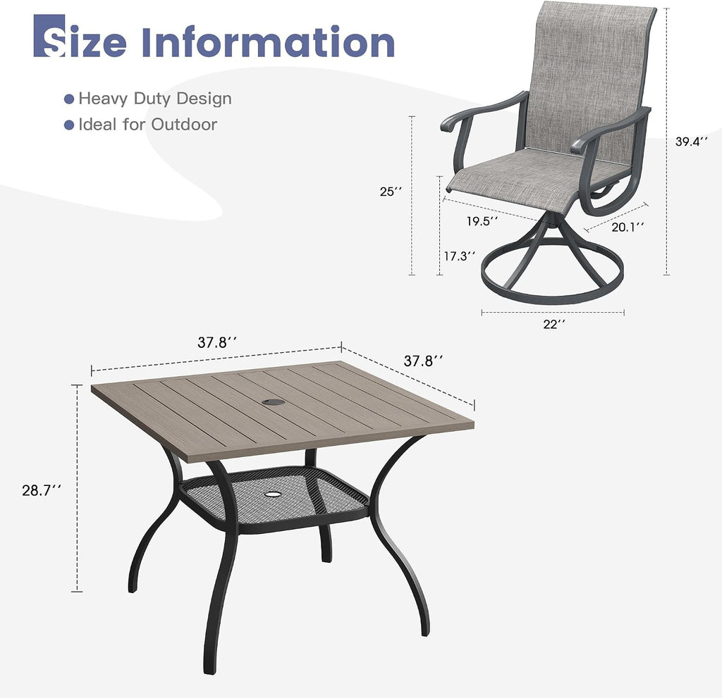 VICLLAX 5 Pieces Patio Dining Set, Patio Furniture Set of 4 Patio Swivel Dining Chairs and Square Patio Table with Storage Shelf for Backyard Lawn Garden, Grey Chairs & Antique Grey Tabletop