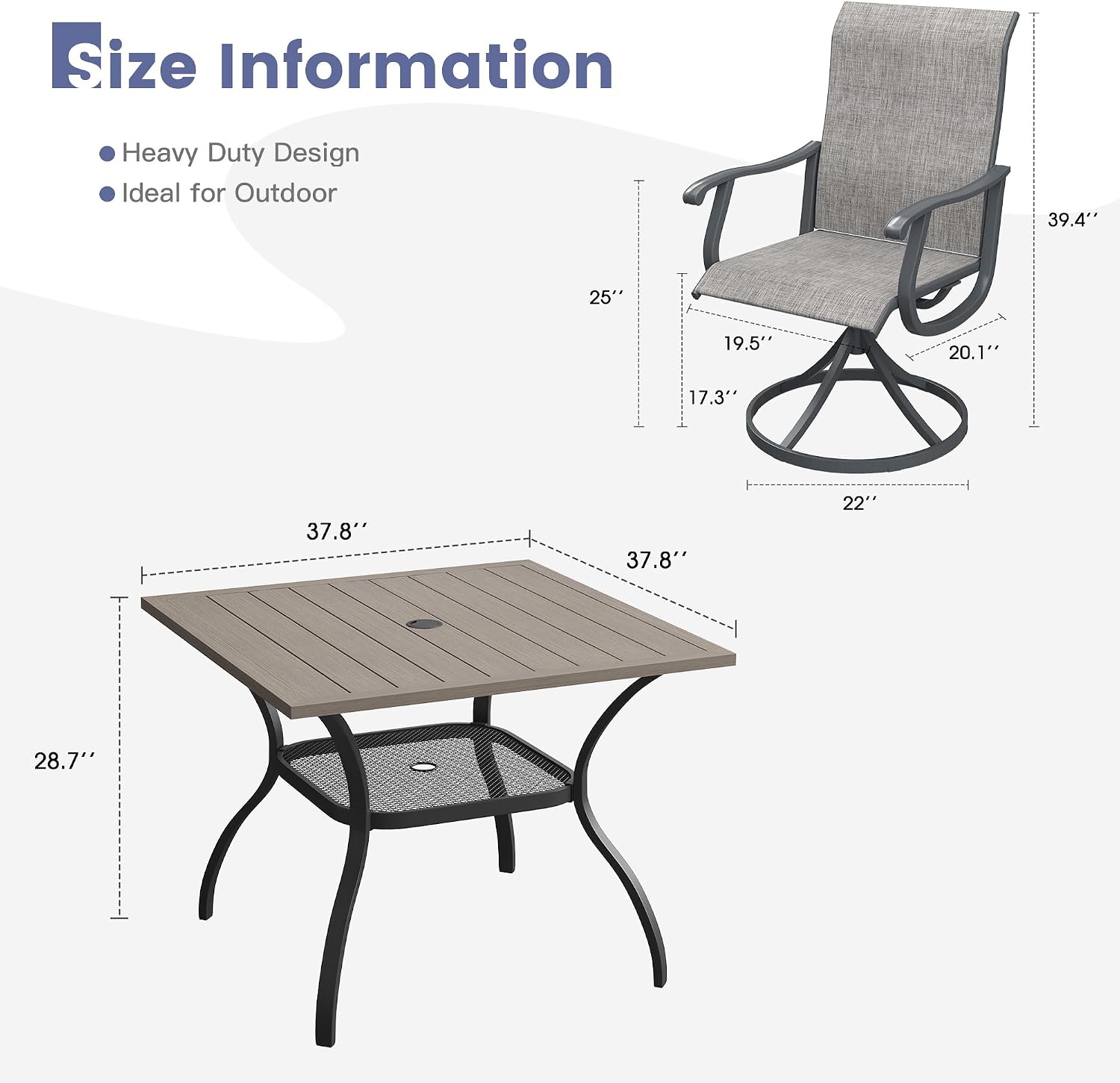 VICLLAX 5 Pieces Patio Dining Set, Patio Furniture Set of 4 Patio Swivel Dining Chairs and Square Patio Table with Storage Shelf for Backyard Lawn Garden, Grey Chairs & Antique Grey Tabletop