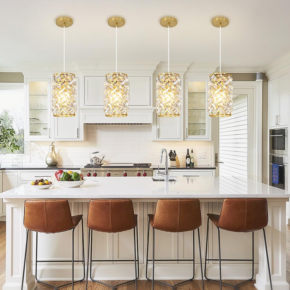 Gold Pendant Lights Kitchen Island, Mini Crystal Modern Kitchen Pendant Lighting Over Sink with 10.2' Clear Glass Shade Chandeliers, Adjustable Pendant Light Fixture for Dinning Room Bedroom Entryway
