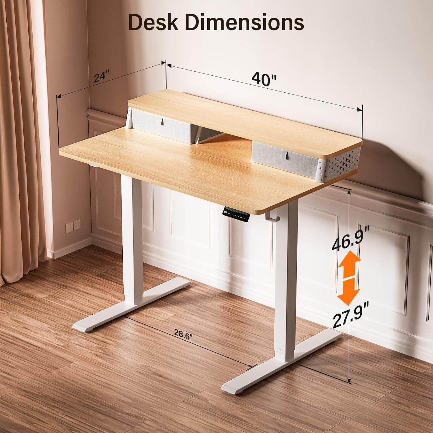 Kingant 40 x 24 Inch Small Electric Standing Desk with Dual Drawers, Height Adjustable Sit to Stand Computer Desk with Storage Shelf and C-Clamp Mount Compatibility for Home Office, Nature