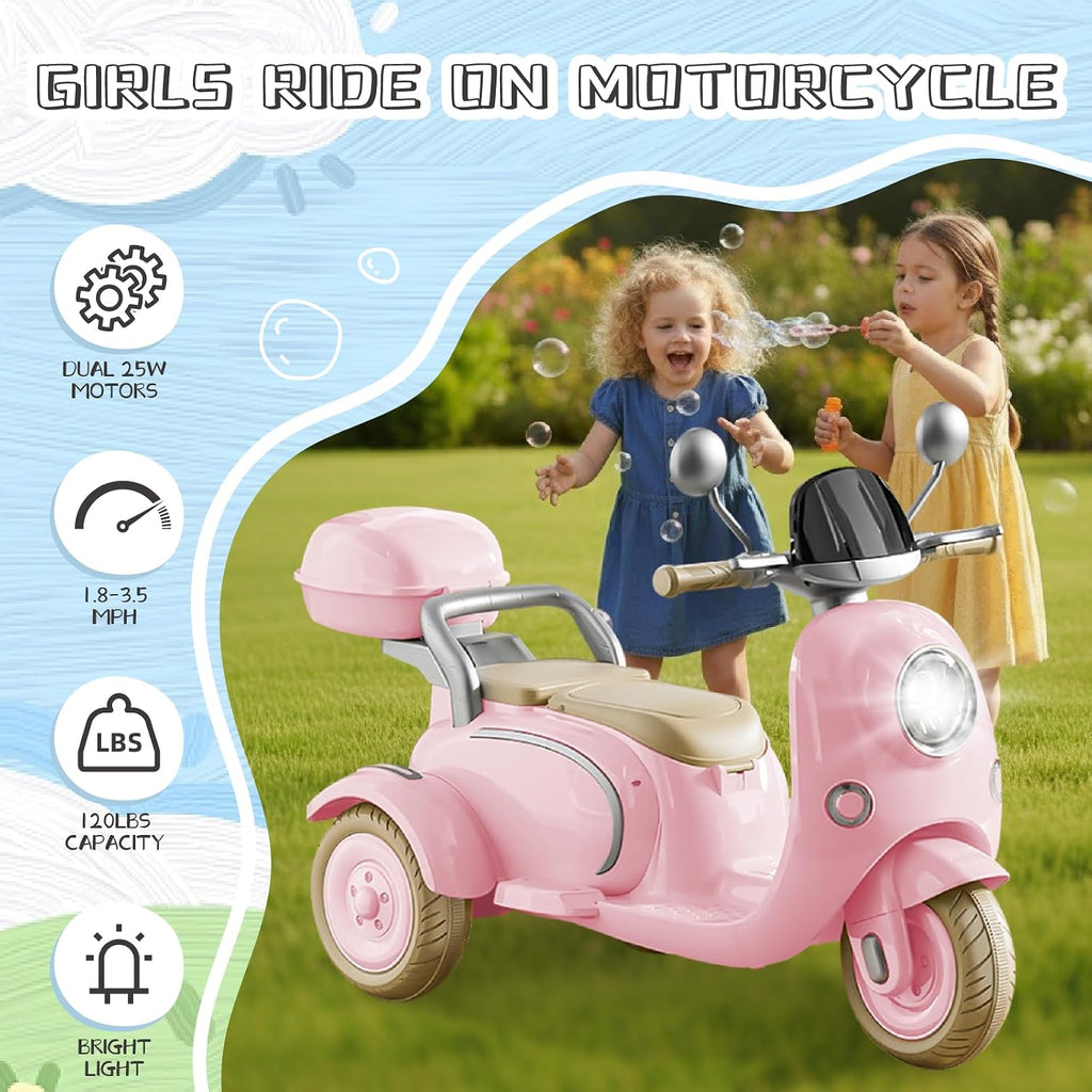 HEIMILI 12V 2-Seater Ride on Motorcycle for Kids, 3 Wheel Electric Motorbike with Dual 25W Motors, Toddler Moped Scooter with Bluetooth Music, Battery Powered Toy for Girls Boys 3-6 Years, Pink