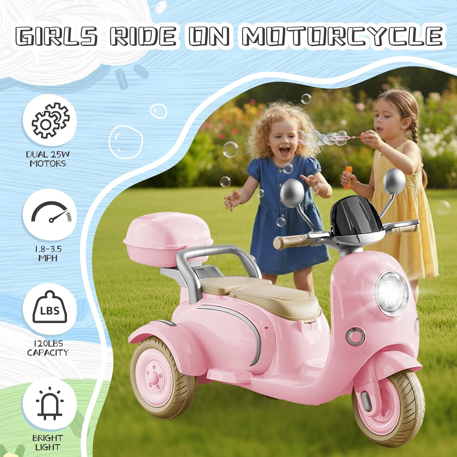 HEIMILI 12V 2-Seater Ride on Motorcycle for Kids, 3 Wheel Electric Motorbike with Dual 25W Motors, Toddler Moped Scooter with Bluetooth Music, Battery Powered Toy for Girls Boys 3-6 Years, Pink