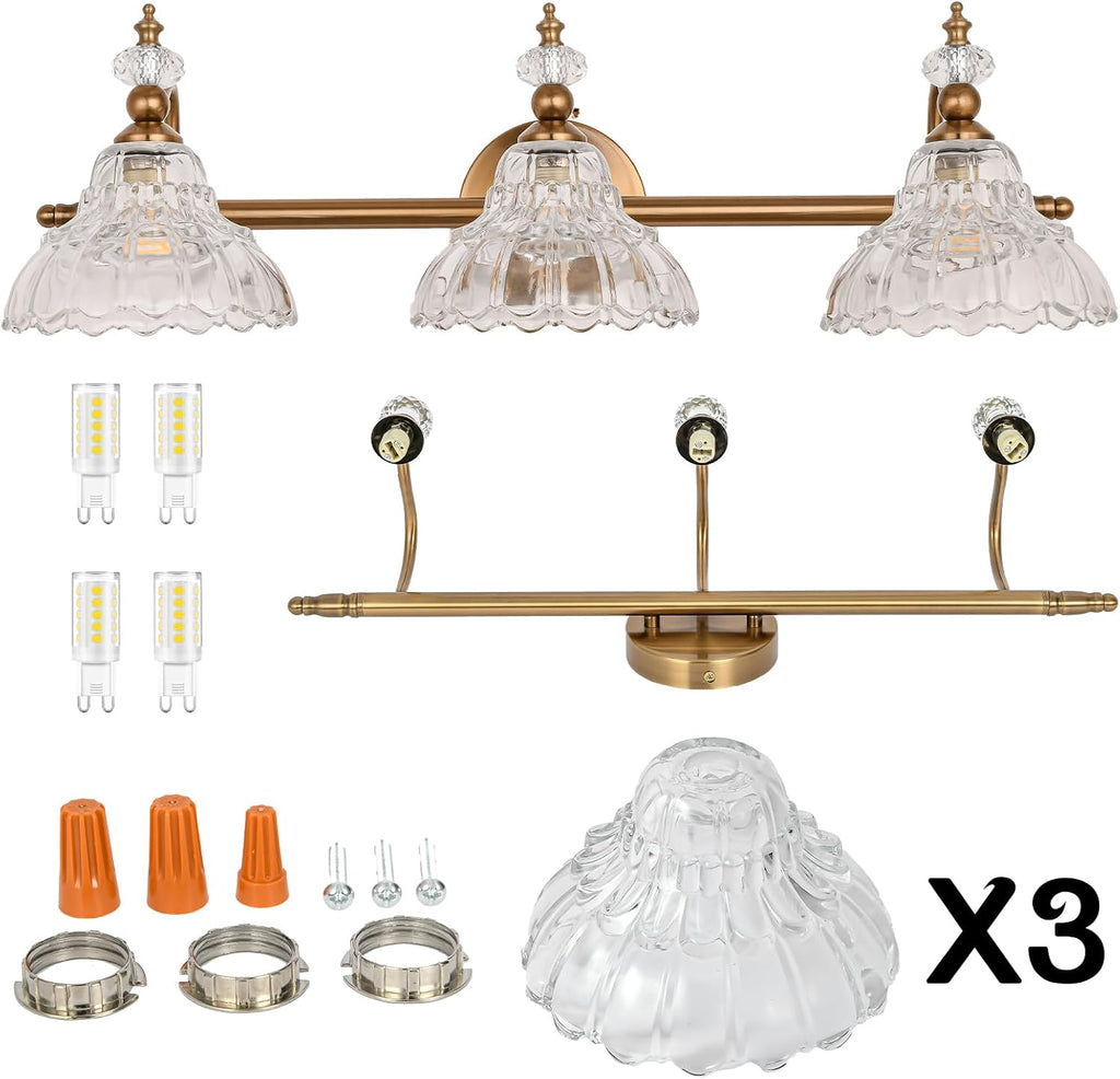 LOUSACE 3-Light Gold Vintage Bathroom Vanity Lights, Antique Brass Bathroom Light Fixture Over Mirror, Retro Brass Vanity Lighting Fixtures with Crystal Glass Shade, Restroom Wall Light Fixture