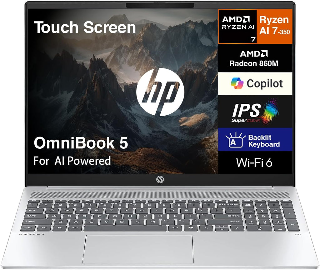 HP OmniBook 5 (Next Gen Pavilion) Copilot+ PC Laptop 16' Touchscreen 2K (1920x1200) Display, (AMD Ryzen AI 7 350 (Up to 50 Tops), 32GB LPDDR5X, 1TB SSD, Backlit KB, WiFi 6, FHD IR Webcam, W 11 Pro)