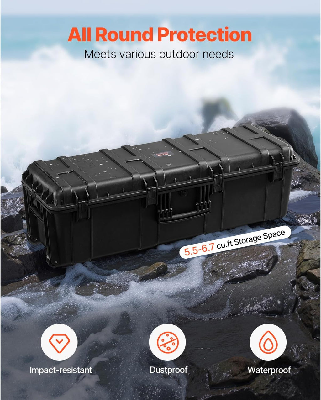 VEVOR Weatherproof Hard Case, Heavy Duty Protective Dry Box Case with Pre-Cut Foam Retractable Pull Handles for Travel, Hunt, Military, Tactical, IP67 Waterproof Case for Cameras(44.09*15.94*13.46)