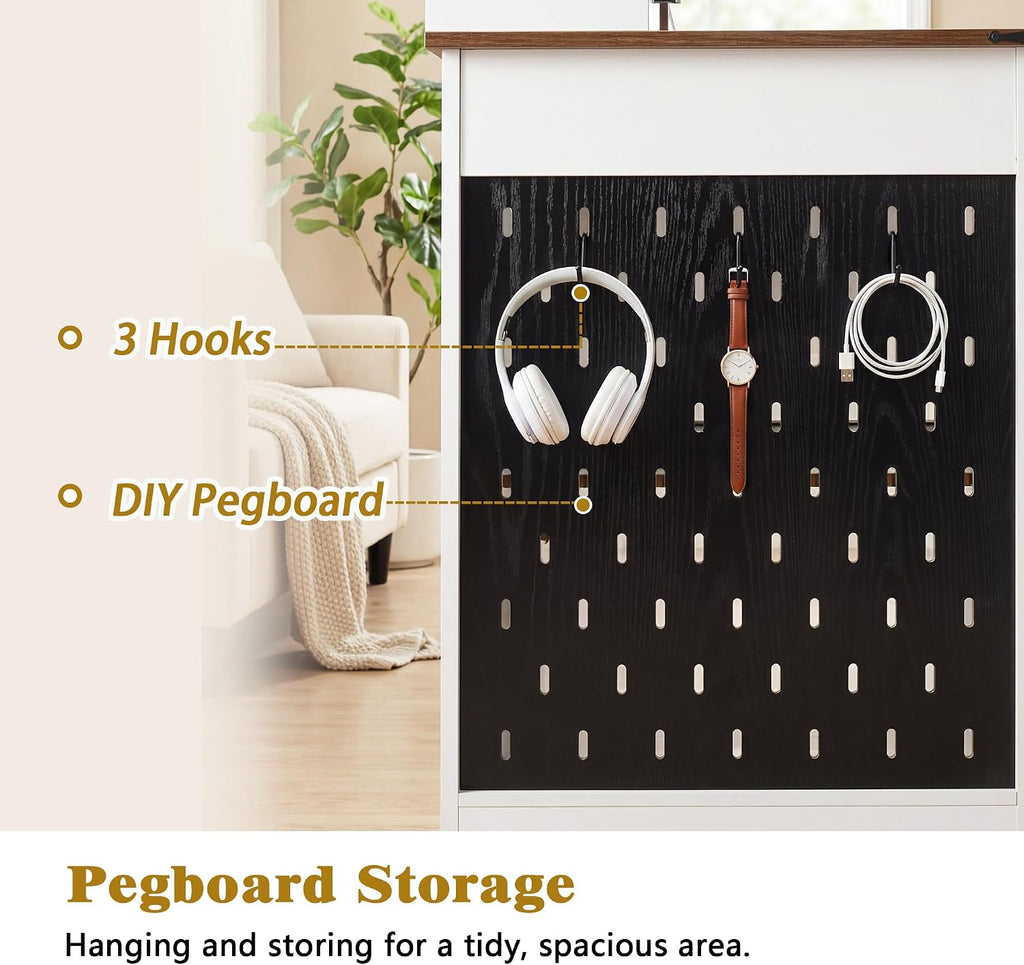 RiteSune 55' Farmhouse Computer Desk with Power Outlets, Removable Monitor Stand with Drawers, Keyboard Tray & Storage Cabinet, Home Office Writing Desk with Pegboard Organizer