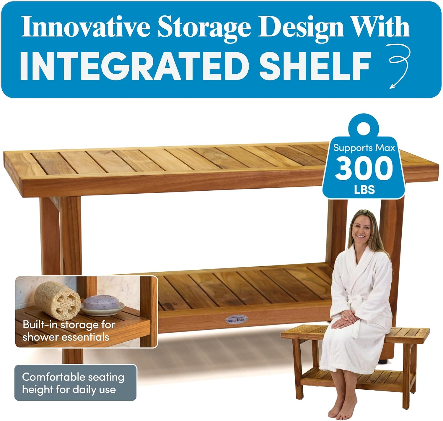 AquaTeak The Original 36' Spa Teak Shower Bench - Shower Stool with Storage Shelf for Bathroom - Durable Water Resistant Shower Chair - Shaving Foot Rest - Indoor & Outdoor Use