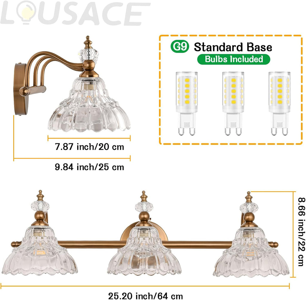 LOUSACE 3-Light Gold Vintage Bathroom Vanity Lights, Antique Brass Bathroom Light Fixture Over Mirror, Retro Brass Vanity Lighting Fixtures with Crystal Glass Shade, Restroom Wall Light Fixture