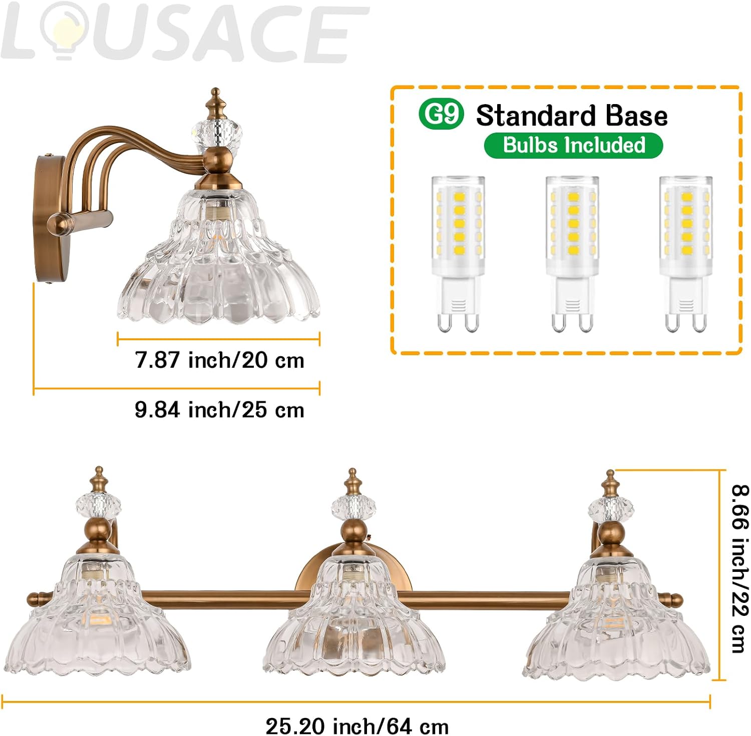 LOUSACE 3-Light Gold Vintage Bathroom Vanity Lights, Antique Brass Bathroom Light Fixture Over Mirror, Retro Brass Vanity Lighting Fixtures with Crystal Glass Shade, Restroom Wall Light Fixture