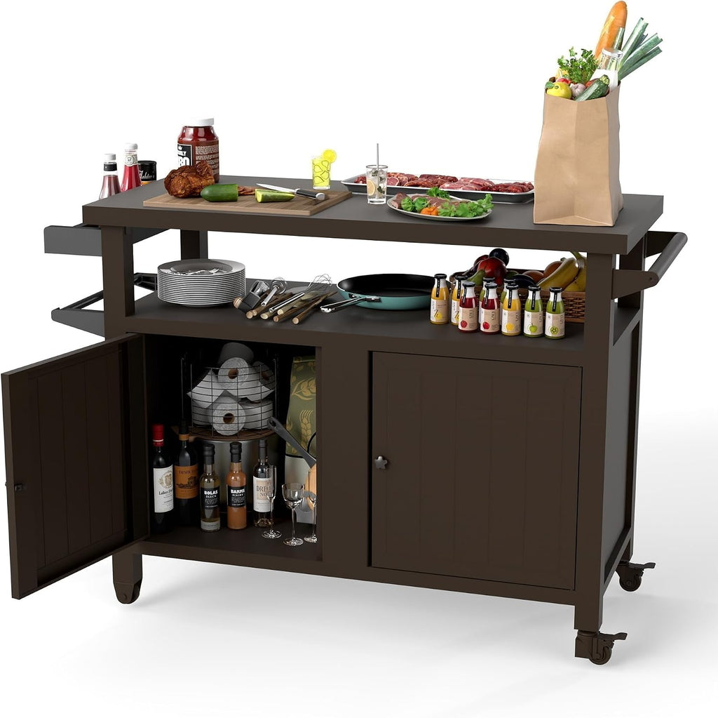 Domi Outdoor Grill Cart with Wheels,XL Outdoor Kitchen Island with Storage,Cooking Prep BBQ Table for Patio, Home Party, Lawn & Garden (Brown)