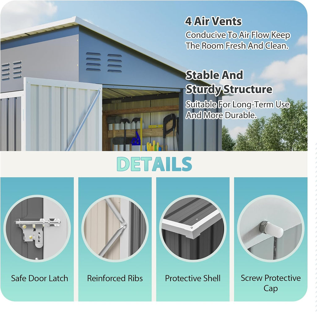 YOPTO 4x8 FT Outdoor Storage Shed,Slope Roof Storage Metal Garden Shed Steel with Reinforced Beams,All Weather Waterproof Garden Tool House W/Lockable Door & 4 Air Vents,for Backyard,Patio,Lawn,Grey