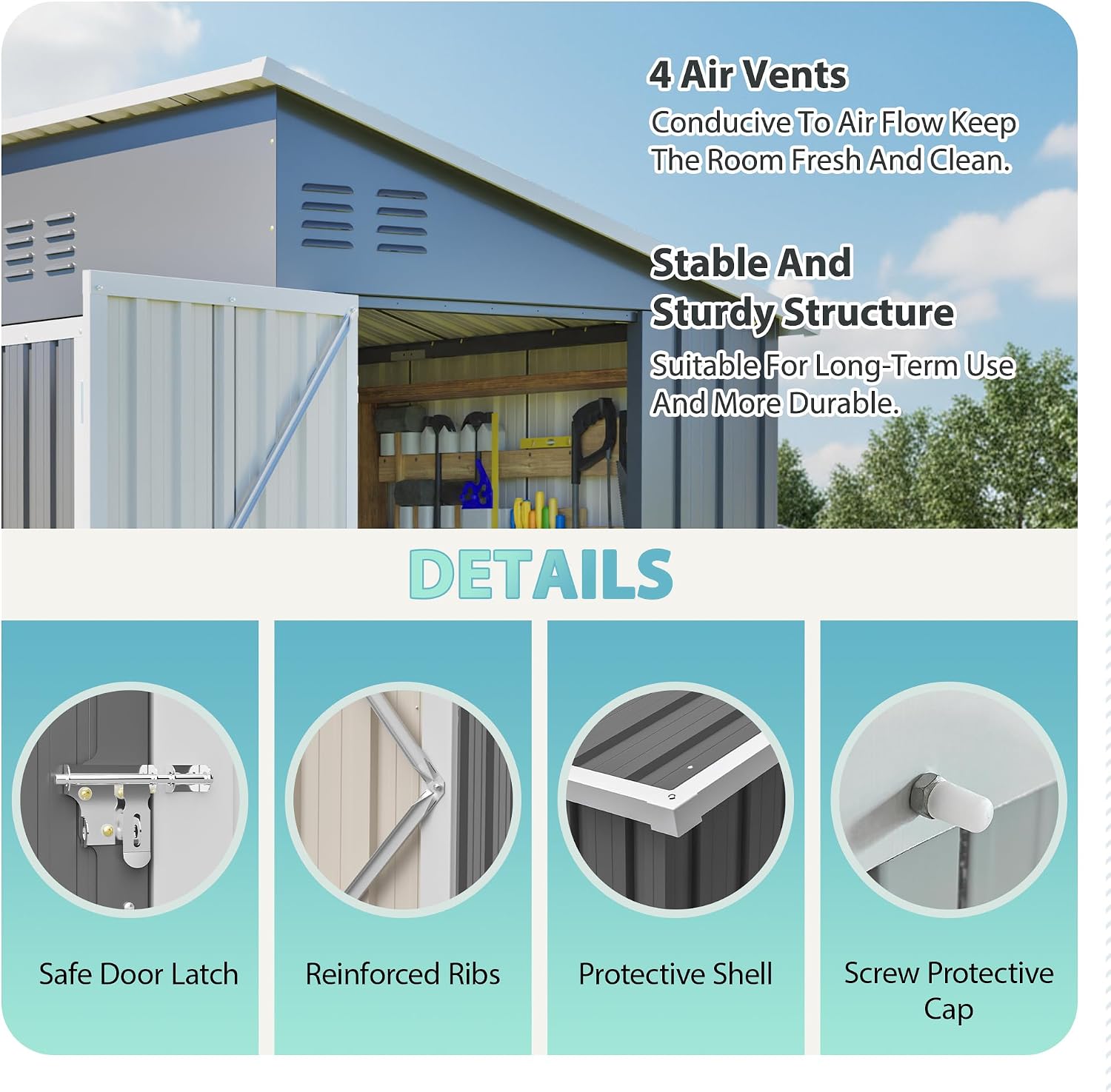 YOPTO 4x8 FT Outdoor Storage Shed,Slope Roof Storage Metal Garden Shed Steel with Reinforced Beams,All Weather Waterproof Garden Tool House W/Lockable Door & 4 Air Vents,for Backyard,Patio,Lawn,Grey