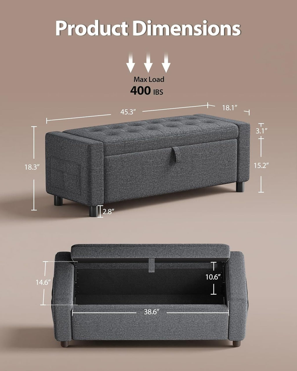 Amada 46' Ottoman with Storage,Storage Ottoman Bench with Safety Hinge, Hidden Compartment & Side Pocket, 400 lbs Weight Capacity, end of Bed/Entryway Bench for Bedroom/Living Room, Dark Gray