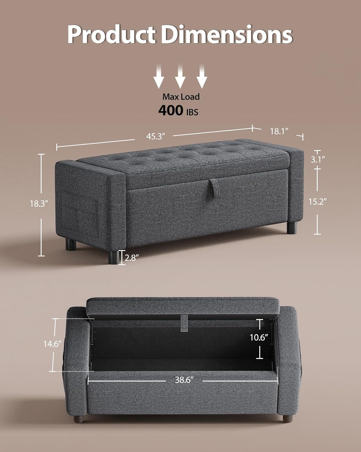 Amada 46' Ottoman with Storage,Storage Ottoman Bench with Safety Hinge, Hidden Compartment & Side Pocket, 400 lbs Weight Capacity, end of Bed/Entryway Bench for Bedroom/Living Room, Dark Gray