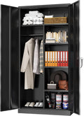 Greenvelly Metal Storage Cabinet with 2 Doors, Black 72' Steel Storage Wardrobe Cabinet, Employees Locker Closet Clothing Coat Steel Wardrobe Cabinet with Hanging Rod for Garage, Gym, Home Office