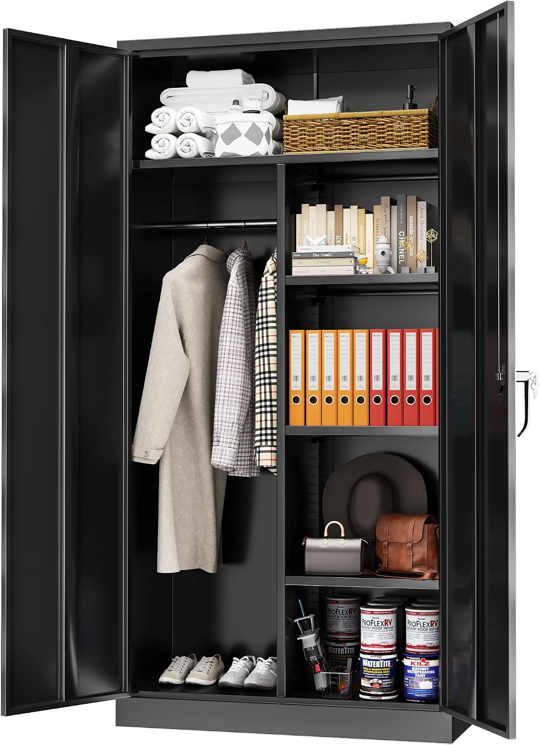 Greenvelly Metal Storage Cabinet with 2 Doors, Black 72' Steel Storage Wardrobe Cabinet, Employees Locker Closet Clothing Coat Steel Wardrobe Cabinet with Hanging Rod for Garage, Gym, Home Office