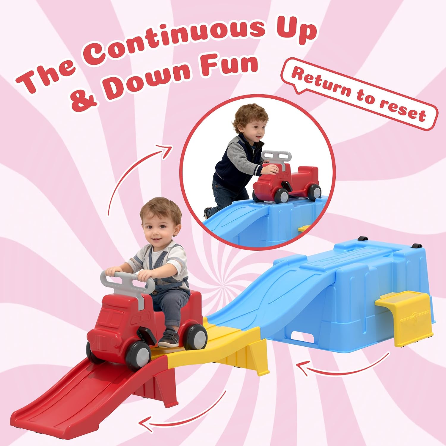 Up & Down Roller Coaster，Kids Ride On Toy，Toddler Push Car with Assembled Race Track & Storage Base Box, Indoor Outdoor Playset