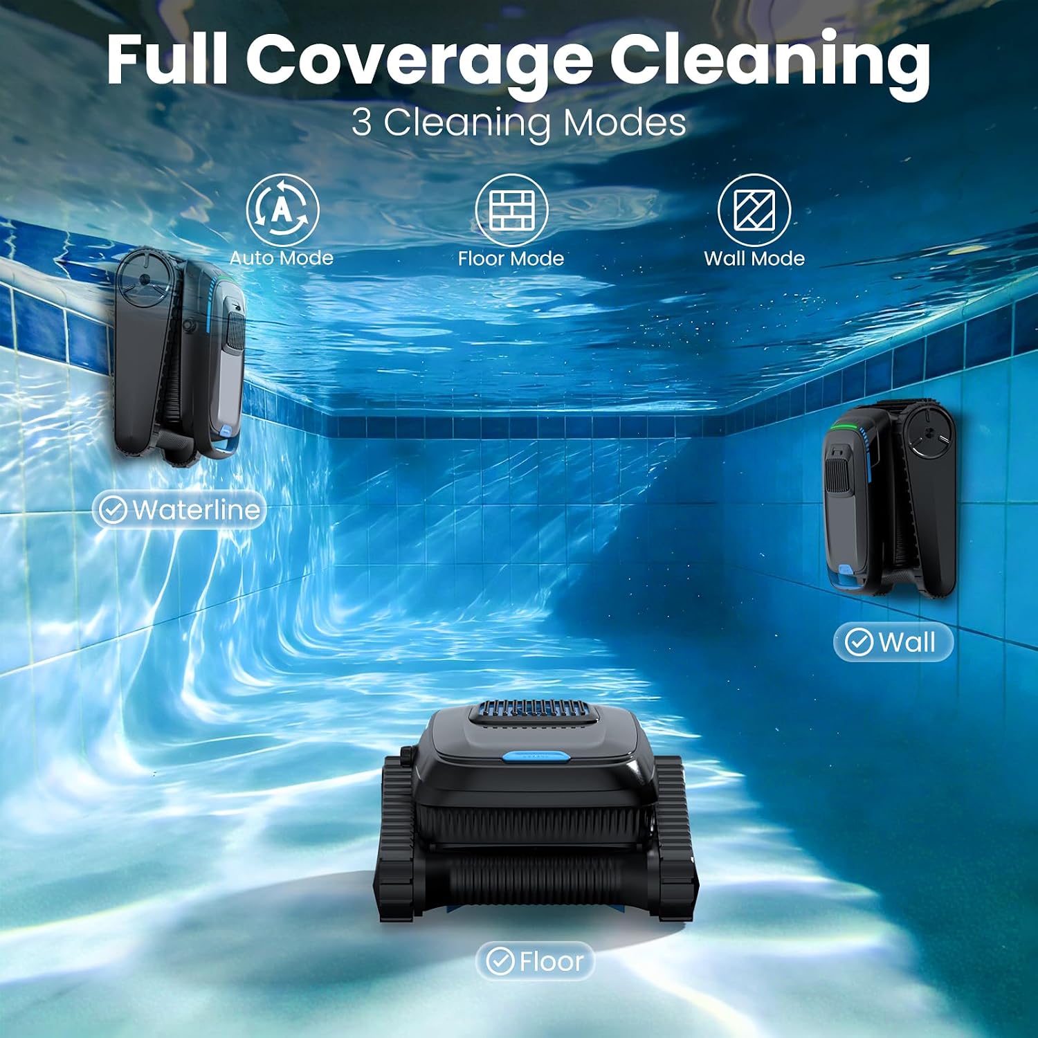 Robotic Pool Vacuum PC10, Cordless Pool Cleaner Robot for Inground & Above Ground Pools, Smart Navigation, 5000GPH Suction Power for Cleaning Floor, Wall & Waterline, Self-Parking, Black