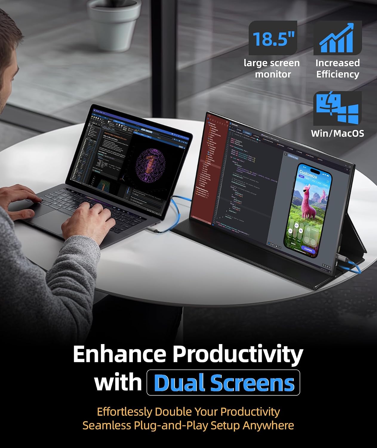 Ingnok Dual 15.6' & 18.5 inch Laptop Screen Extender with 4 Speakers, Mini HDMI and Type-C Ports Ensure Easy Plug-and-Play with laptops, PCs, and Mini PCs