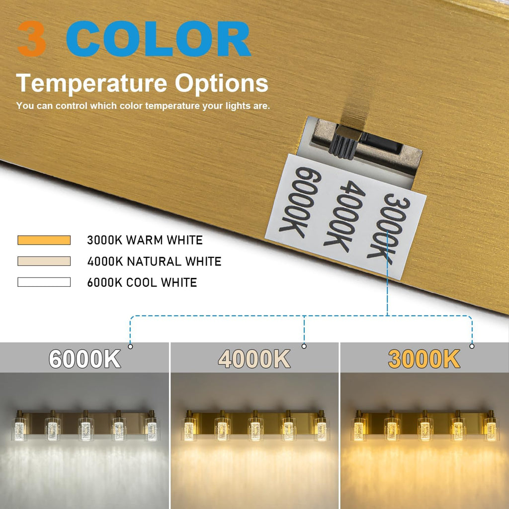 SineRise Vanity Light with 3 Color Modes (3000K/4000K/6000K), Eye Protection LED Bathroom Light Fixture, Dimmable Modern Wall Light Over Mirror with Clear Glass Shade (Gold, 5-Light)