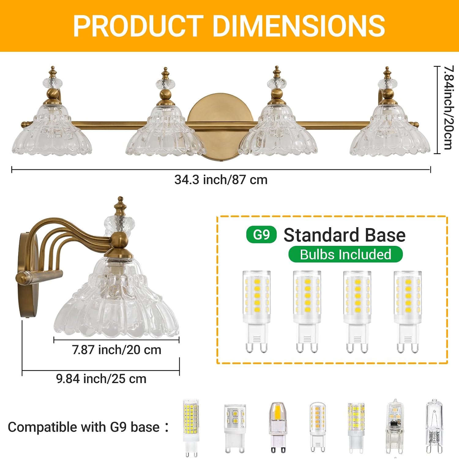 LOUSACE 4-Light Gold Vintage Bathroom Vanity Lights, Antique Brass Bathroom Lighting Fixture Over Mirror with Crystal Glass Shade, Retro Brass Vanity Lighting Fixtures Wall Sconce for Bathroom Bedroom