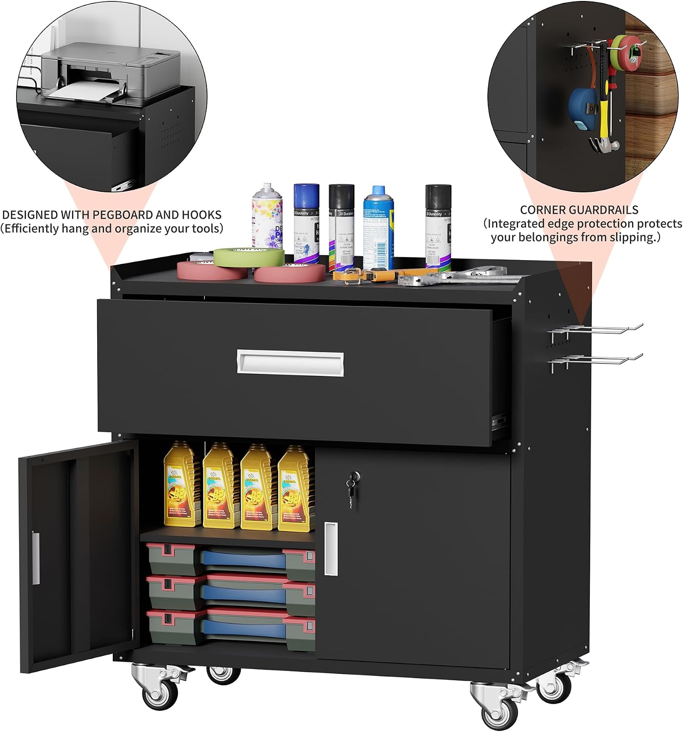 Baborokic Black Metal Garage Storage Cabinet With Wheels, Lockable Tool Cabinet With Shelves, Rolling Metal Cabinet for Warehouse, Home