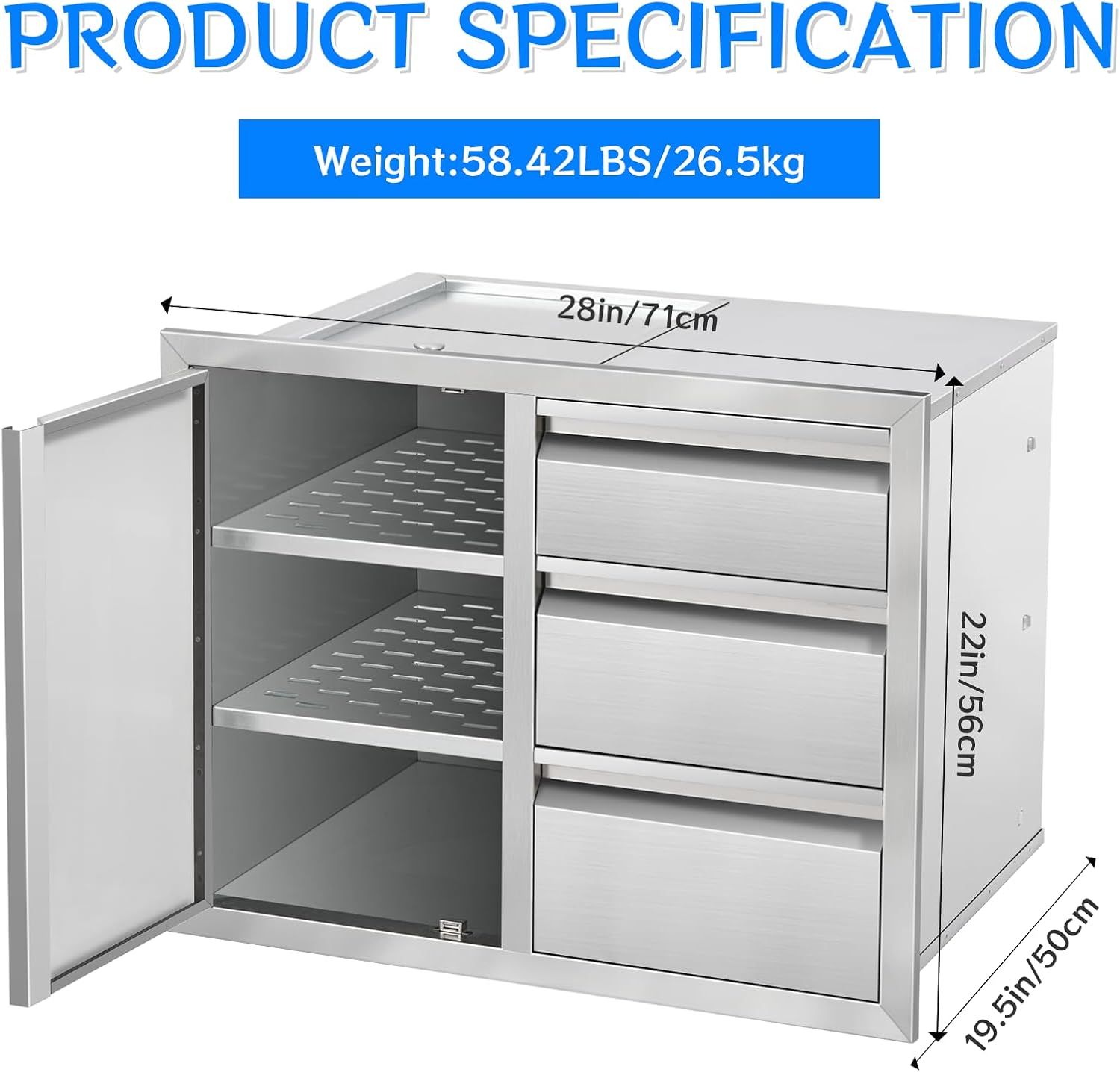 Outdoor Kitchen Drawer Combo Cabinet, Stainless Steel Triple Drawers with Integrated Access Door, 28' W x 22' H x 19.5' D Outdoor Built-in Cabinet for BBQ Island Grill Stations