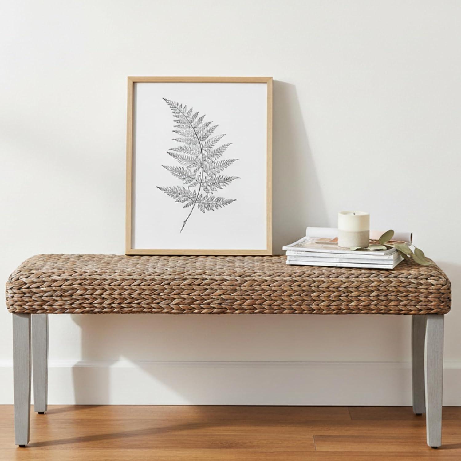 Solid Wood Acacia Indoor Bench with Natural Woven Water Hyacinth Seat, Wood Bench for Living Room or Entryway, Vintage Bench, Fishbone Style, Grey Leg