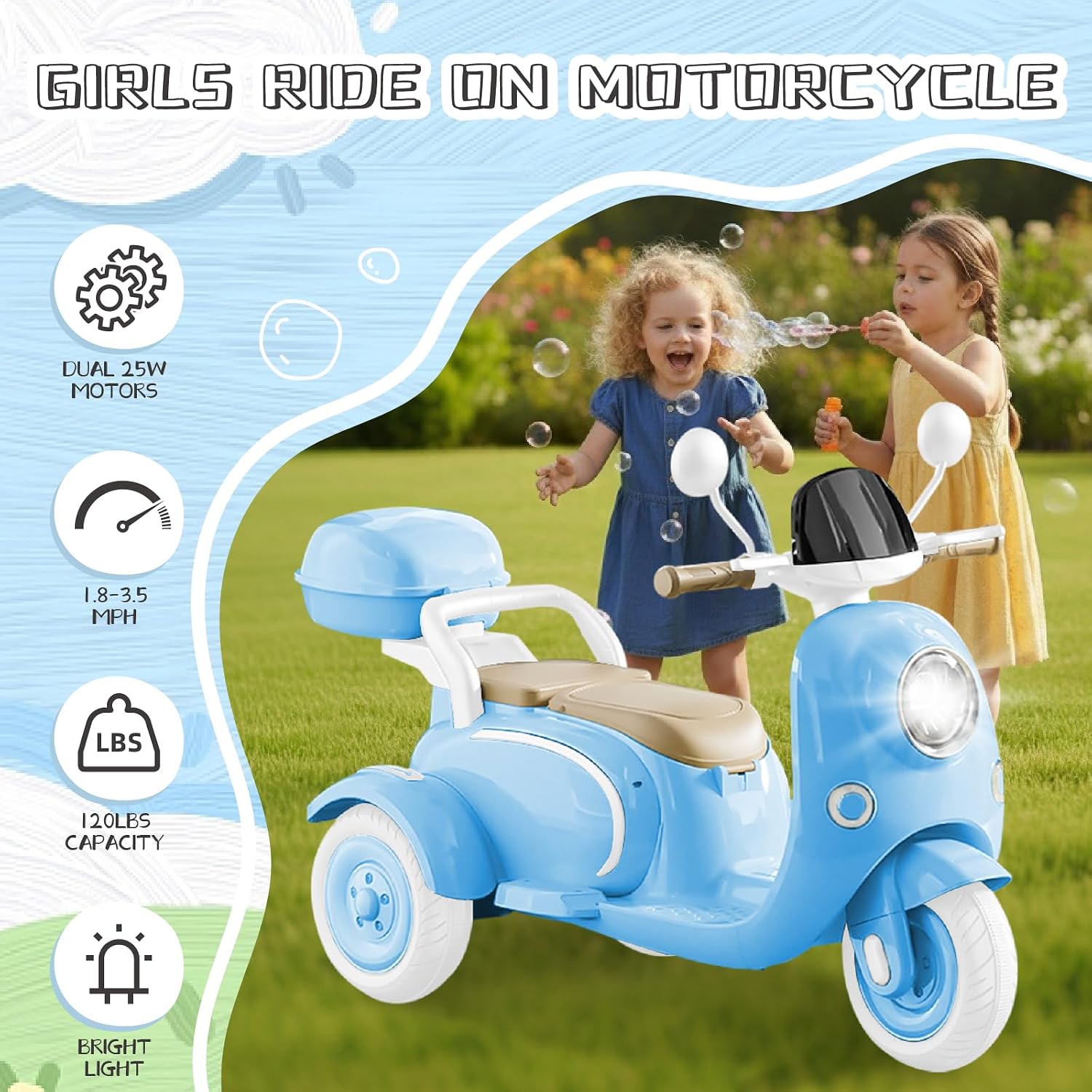 HEIMILI 12V 2-Seater Ride on Motorcycle for Kids, 3 Wheel Electric Motorbike with Dual 25W Motors, Toddler Moped Scooter with Bluetooth Music, Battery Powered Toy for Girls Boys 3-6 Years, Blue