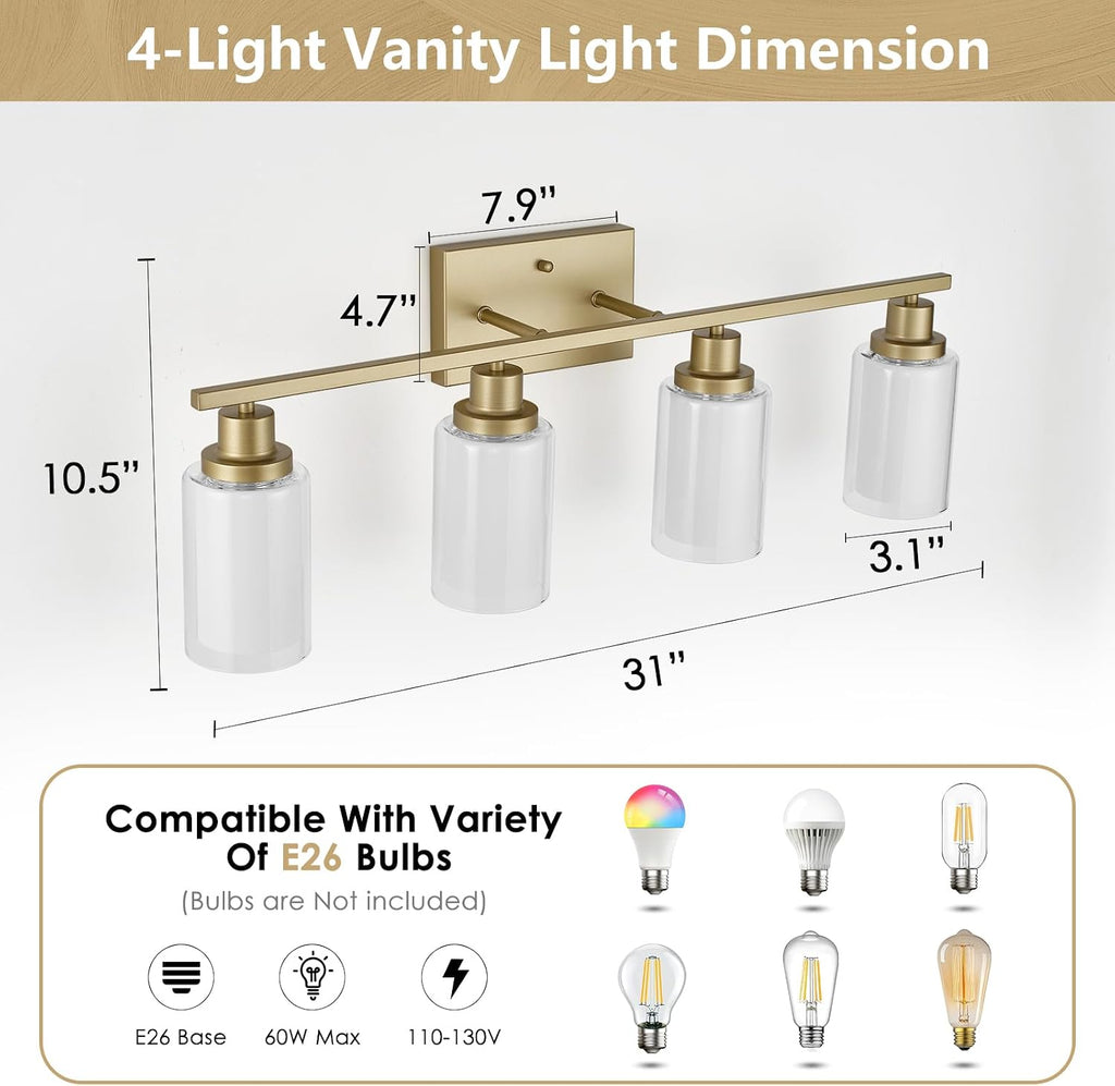 Jonsi Bathroom Vanity Light 4-Light Gold Vanity Lights 31' Bathroom Light Fixtures Over Mirror with Double Clear Glass Modern Wall Sconces for Living Room Hallway Bedroom