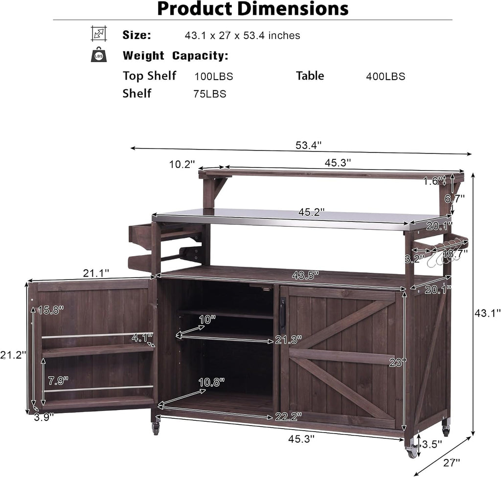 Harper & Bright Designs Grill Cart with Storage Cabinet, Outdoor Kitchen Island with Stainless Steel Top & Raised Shelf, Rolling Grill Cart with Spice Rack & Adjustable Shelf,Brown