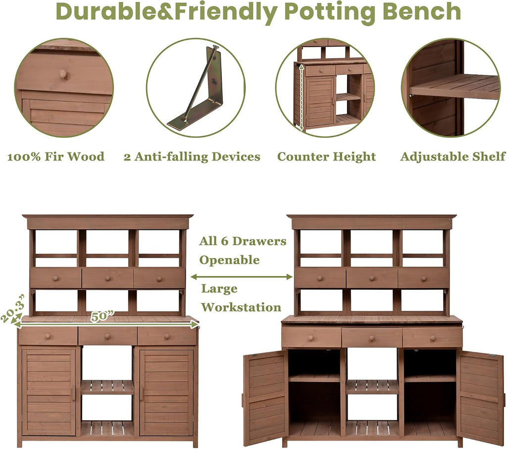 JIVOIT Outdoor Wood Workstation Table, 65.7'' H Tall Garden Potting Bench Table with Hutch, 3 Shelves, 6 Drawers, 2 Bottom Cabinets & Side Hooks, Patio Storage Workstation for Mudroom, Doorway