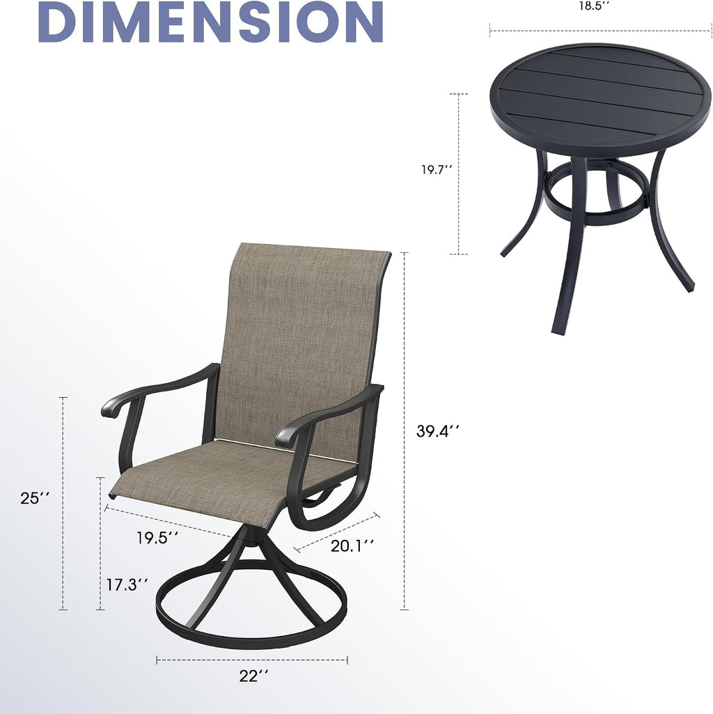 VICLLAX 3 Pieces Small Outdoor Furniture, 2 Patio Swivel Chairs and Small Round Outdoor Table for 2, Mixed Brown Chairs & Black