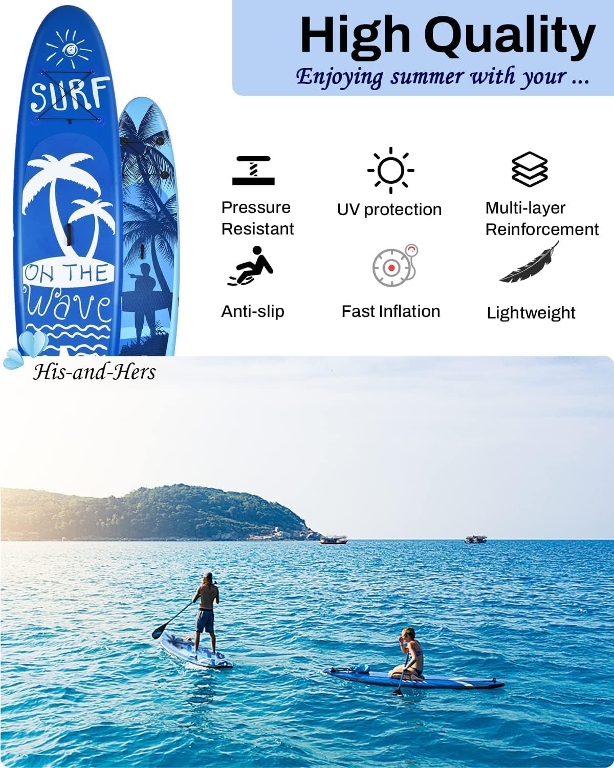 MEDIMALL 117'' x 30'' x 6'' SURF Pattern Inflatable Upright Paddle Board, Lightweight, with SUP Accessories, Detachable Fins, Paddle Board, Pump, Belt, and Handbag, Suitable for Adults and Teenagers