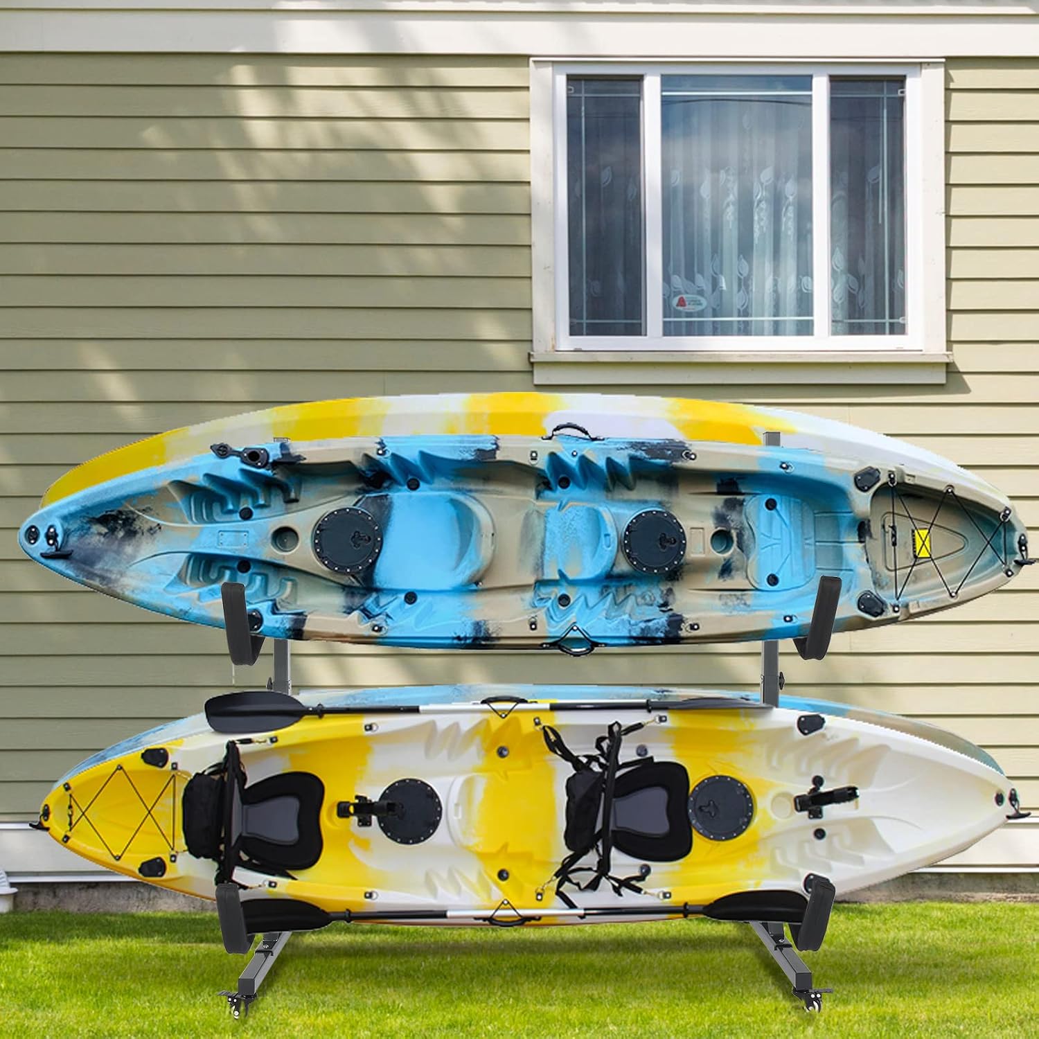 Bonnlo Kayak Stand Freestanding Storage Rack for Kayak Canoe Boat Paddle Board SUP Surfboard for Indoor Outdoor Garage, Shed, Dock with Lockable Wheels Wide Adjustable