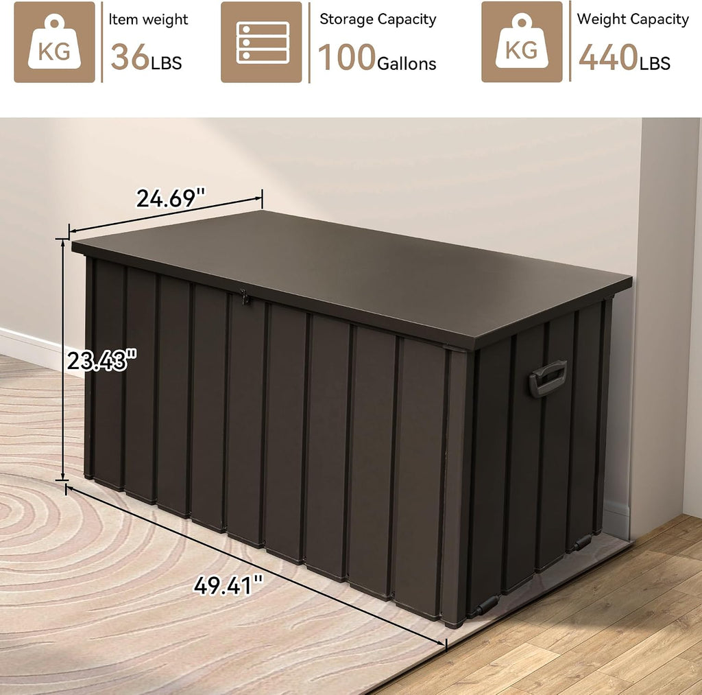 100 Gallon Metal Outdoor Storage Box, Deck Box Waterproof, Outside Steel Storage Lockable Cabinet, Indoor Storage Bin Container for Patio/Poolside/Backyard Cushions, Pillow -Brown