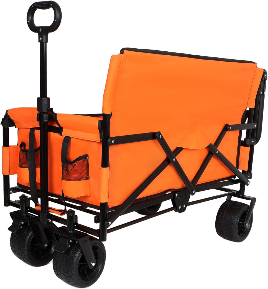 ZeHuoGe 3-in-1 Folding Wagon Cart with Bench Seat & Canopy & Storage, 500lbs Heavy-Duty, 180L Capacity, All-Terrain Wagon for Camping, Beach, Sports, & Garden (Orange)