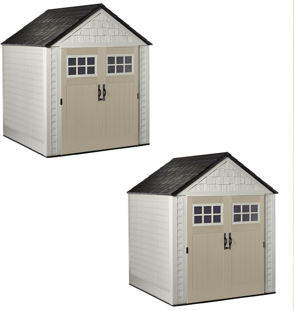 Rubbermaid 7 by 7 Feet Durable Weatherproof Plastic Outdoor Storage Shed for Garden Tool and Lawn Machinery Organization, Sandstone, 2 Pack