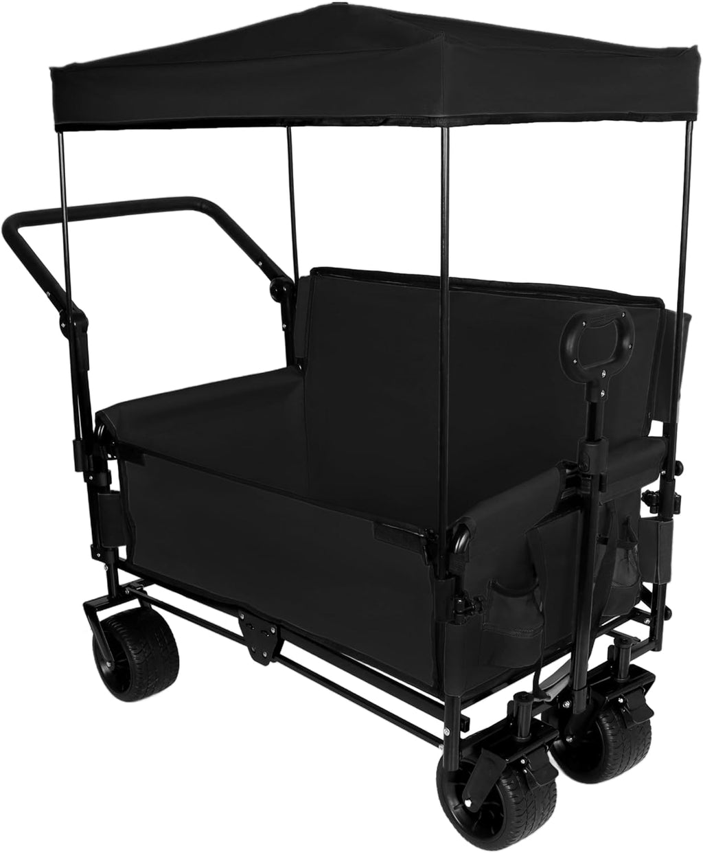 ZeHuoGe 3-in-1 Folding Wagon Cart with Bench Seat & Canopy & Storage, 500lbs Heavy-Duty, 180L Capacity, All-Terrain Wagon for Camping, Beach, Sports, & Garden (Black)