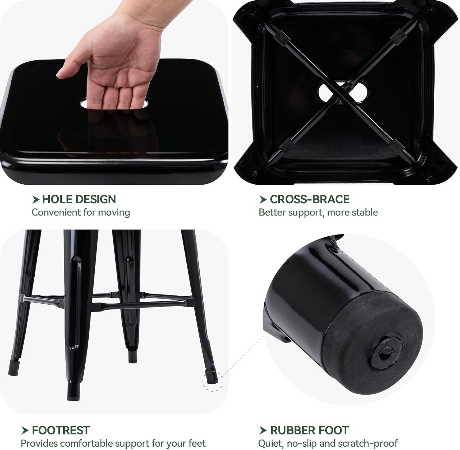 Vogue Furniture Direct 24 Inch Metal Bar Stools, Backless Counter Height Barstools, Indoor Outdoor Stackable Stools with Square Seat, Set of 4 (Black)