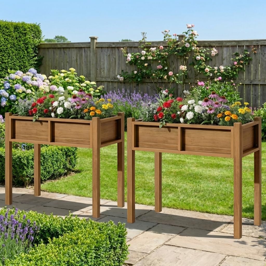 DWVO Raised Garden Bed HDPE with Legs Poly-Wood Weatherproof Elevated Planter Box Outdoor with Drainage System Patio Planters for Herbs Vegetables Flowers Plant Bed for Garden Balcony Backyard, Teak