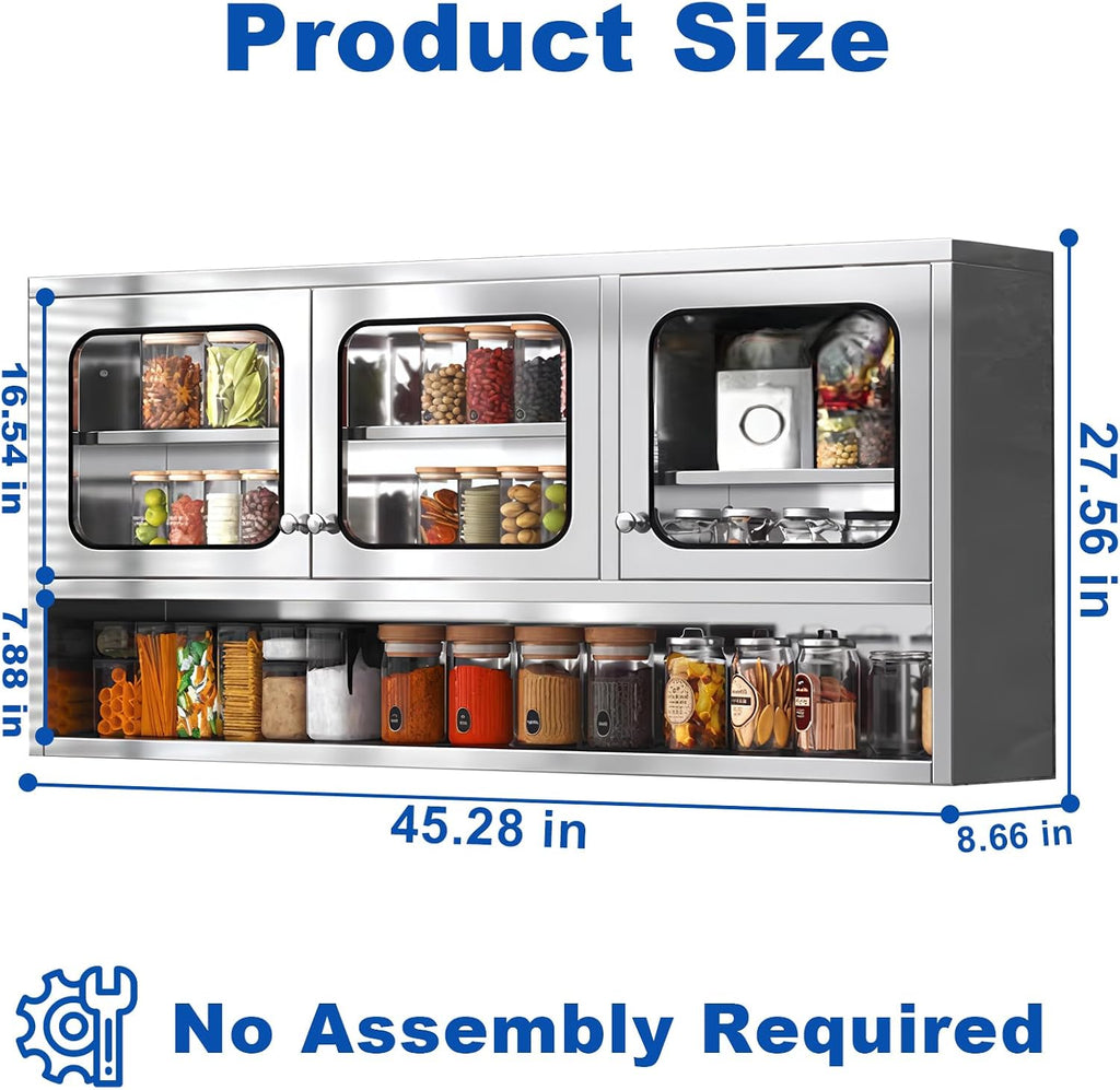 ZZV Kitchen Wall Cabinet, Stainless Steel Wall Mounted Cabinet with Adjustable Shelves, Industrial Wall Storage Cabinet for Garage, Warehouse, Commercial Kitchen, 8.66D x 45W x 27.56H in