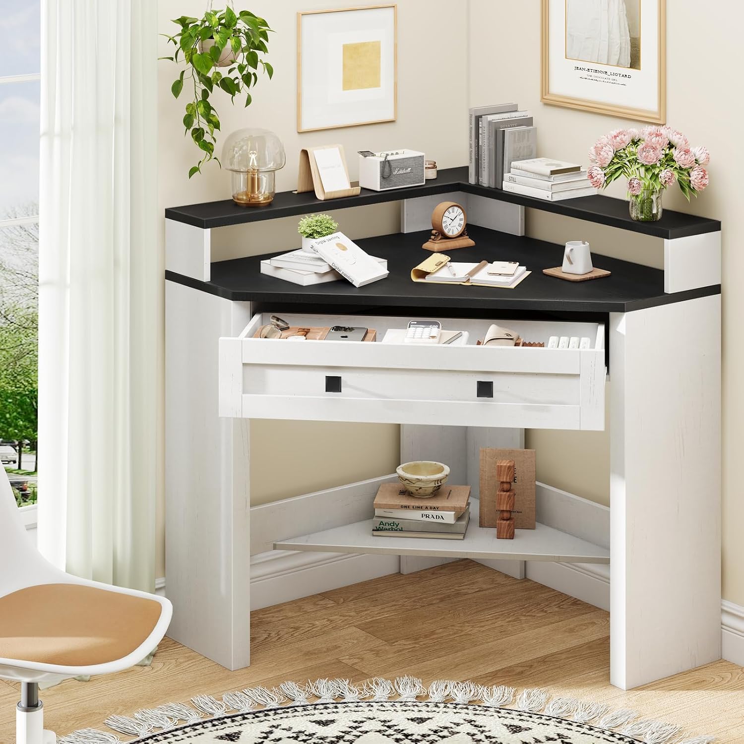 Corner Desk, Triangle Computer Desk Home Office Workstation with Drawer and Monitor Stand for Small Spaces Farmhouse Corner Vanity Table for Bedroom Study, Living Room (Rustic White and Black)