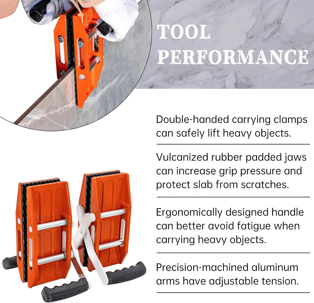2 PACK Double Handed Stone Carrying Clamps with Black Rubber-lined, Granite Panel Carriers Lifting Tools, 660lbs Transporting Heavy Duty Carry Clamp for Glass Quartz Slabs Marble