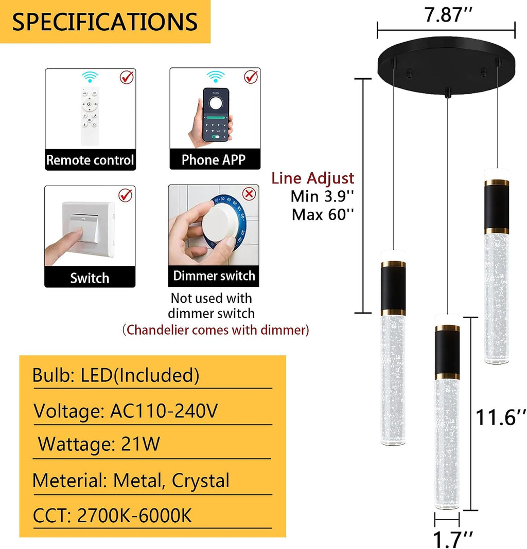 Mini Chandelier for Kitchen Island Modern Crystal Pendant Lighting LED Dining Room Hanging Lights Cylinder Drop Lights Ceiling Lighting Fixture Kitchen Sink Bedroom Bathroom 2700K 6000K