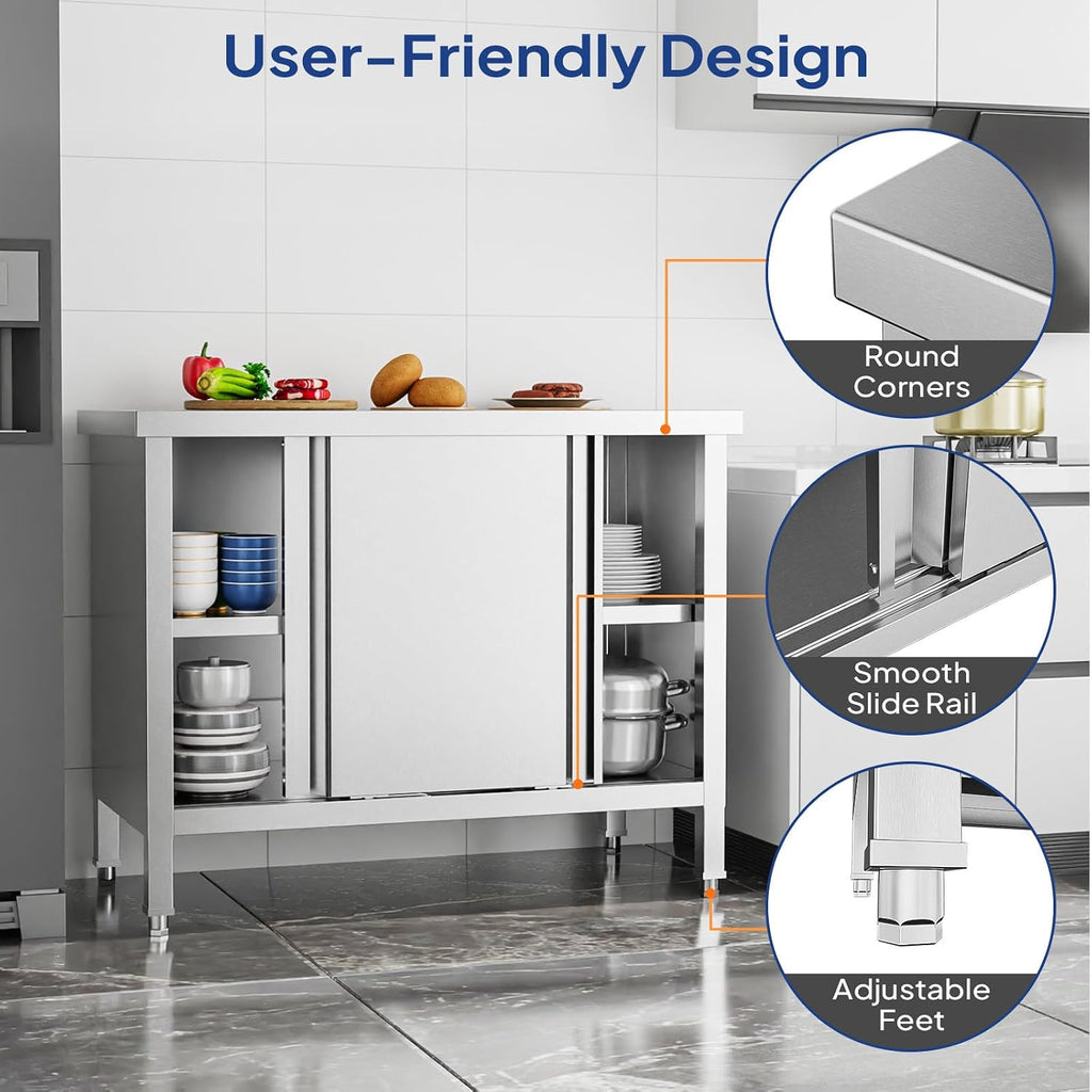ROVSUN Stainless Steel Table with Cabinet 39 x 19 inches, NSF Commercial Heavy Duty Prep & Work Table with 2 Sliding Doors for Kitchen, Restaurant, Home, Hotel, Garage, Laundry