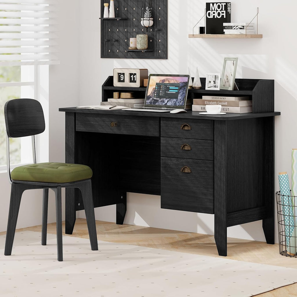 MAT EXPERT 48' Wide Computer Desk, Vintage Computer Desk with Hutch & Storage Drawer, Monitor Stand, Writing Workstation, Waterproof Laptop Table Gaming Desk for Study, Office, Bedroom (Black)