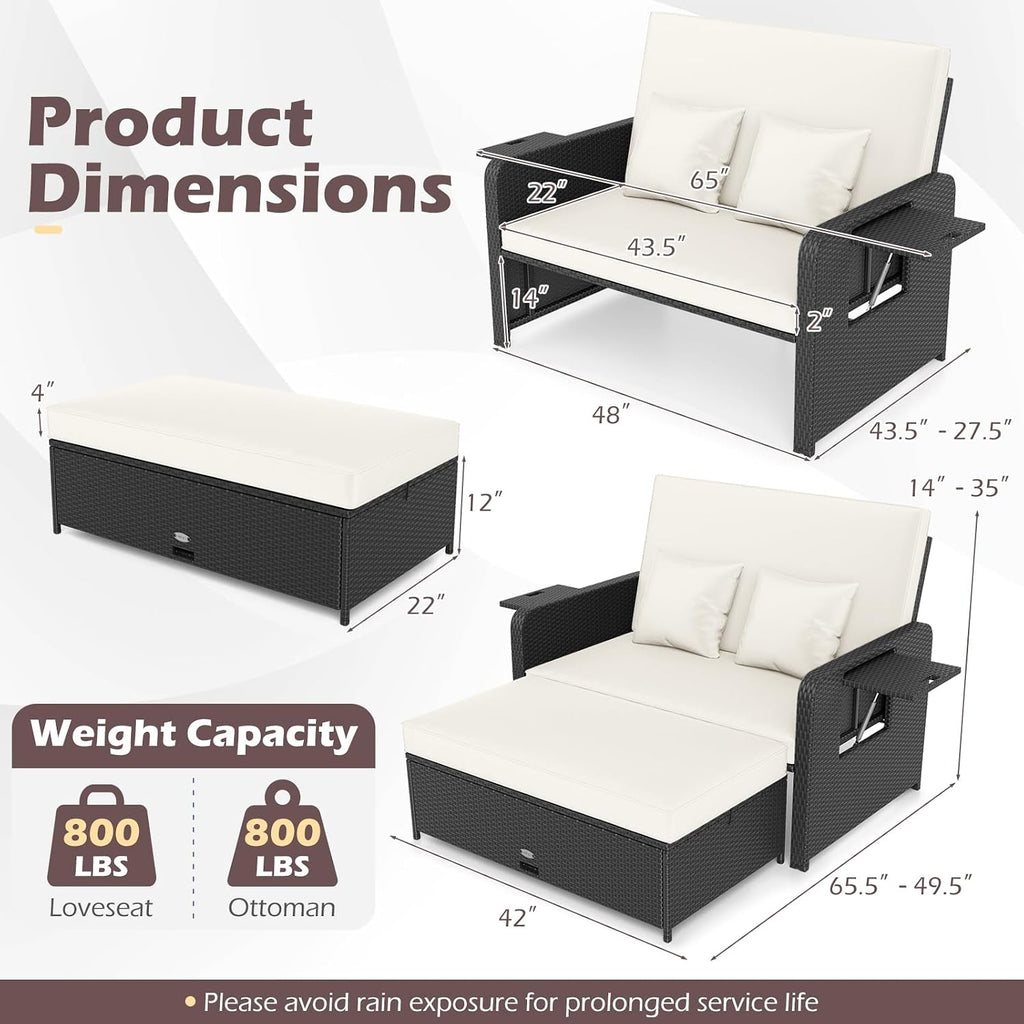 COSTWAY Patio Rattan Daybed with Cushions, Outdoor Wicker Loveseat Sofa with Storage Ottoman, 4-Level Adjustable Backrest, Bed Lounger for Yard, Balcony, Porch, Garden, Pool (Black+White)