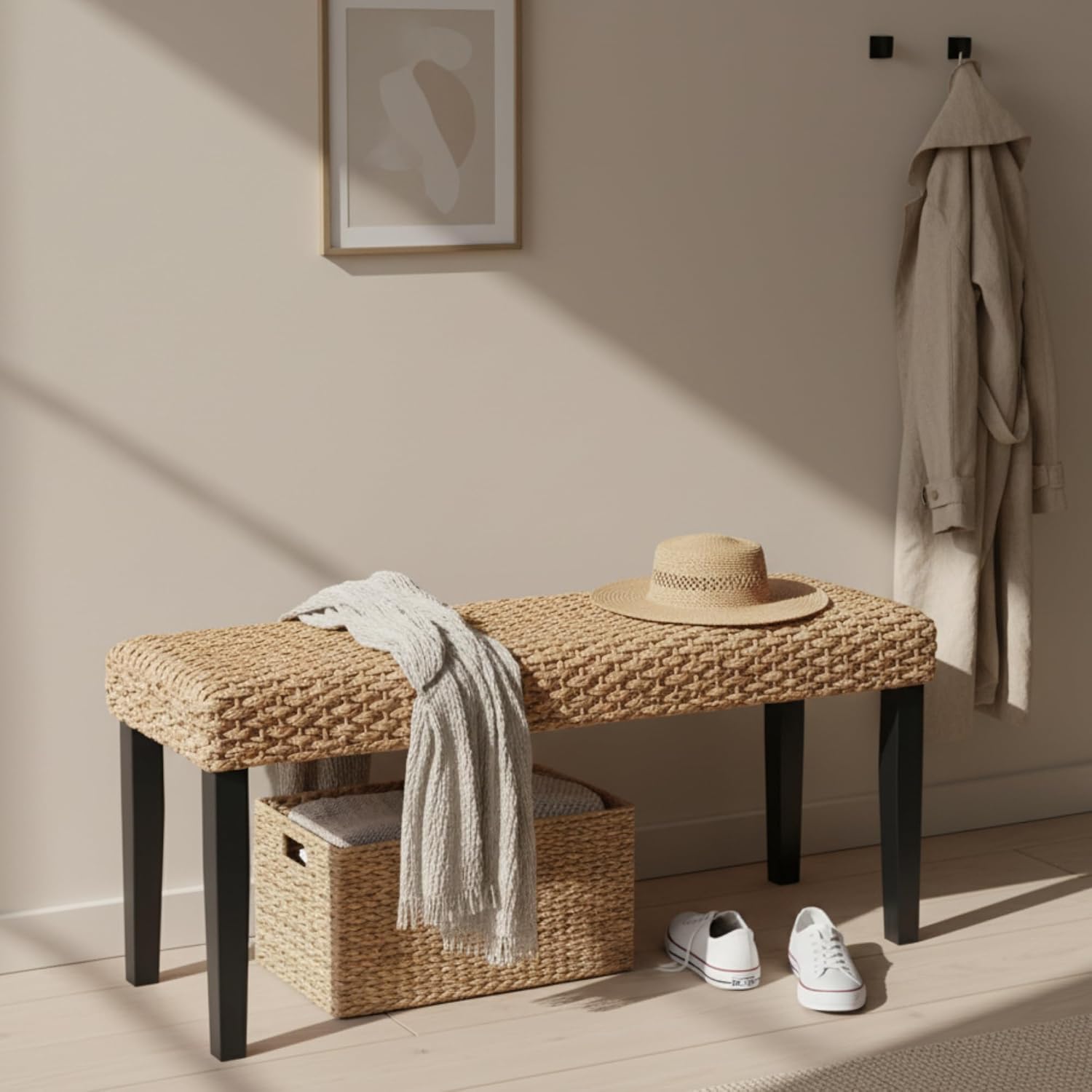 Solid Wood Acacia Indoor Bench with Natural Woven Seat, Boho Bench Entryway, Wood Bench for Living Room, Wooden Bench for Bedroom, Farmhouse Entryway Bench, Dining Benches (Black, Water Hyacinth)